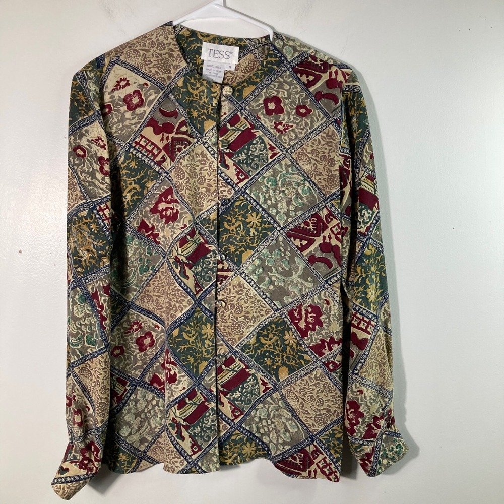 TESS 100% Silk Patchwork Print Button Front Shirt‎ Women's Size 4